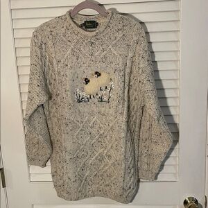 Bracken Vintage Country Wear Cable Wool Beige Flecks Sweater with Sheep Motif